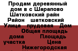 Продам деревянный дом в с Шарапово  Шатковский райн. › Район ­ шатковский › Улица ­ прудовая › Дом ­ 17 › Общая площадь дома ­ 40 › Площадь участка ­ 3 600 › Цена ­ 270 000 - Нижегородская обл., Шатковский р-н, Шарапово с. Недвижимость » Дома, коттеджи, дачи продажа   . Нижегородская обл.